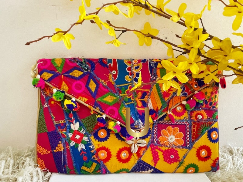 Hand Made White And Yellow Clutch With Damask Print by The Button Tree Co.  | CustomMade.com
