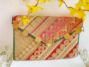 Handwork Zari Gota Work Clutch Bag Green